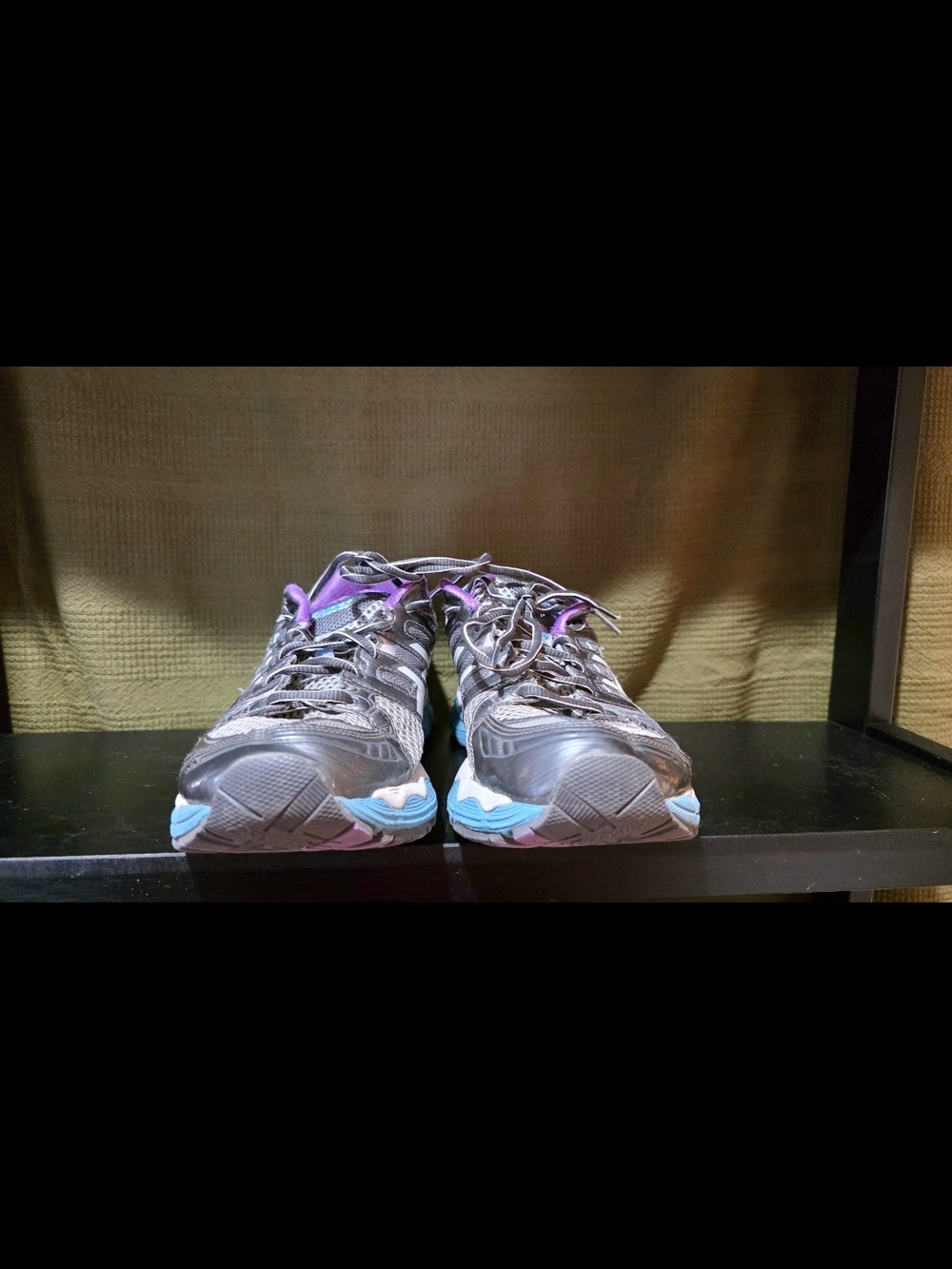 Women's Asics Gel Nimbus Black Sneakers with Purple and Light Blue Accents